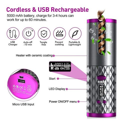 Rizador de Cabello Automático Inalámbrico - 6 Temperaturas y 11 Tiempos Ajustables