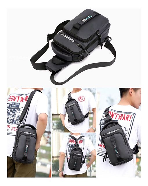 Esta es una riñonera/bolso de pecho modelo Stave Profe con puerto de carga USB. Es un bolso cruzado versátil y ligero, diseñado para ser impermeable, lo que ayuda a proteger tus pertenencias de la lluvia y salpicaduras