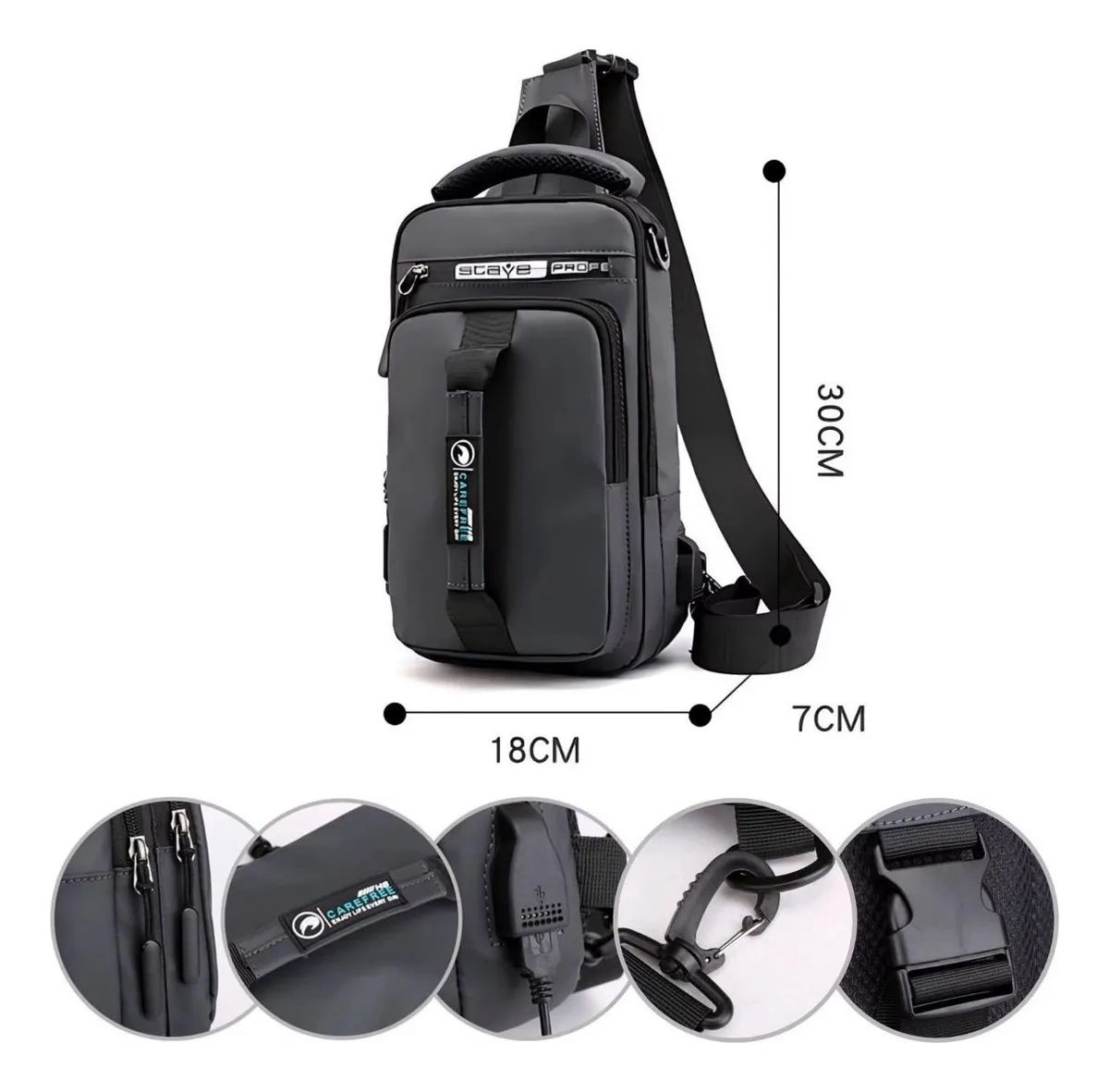 Esta es una riñonera/bolso de pecho modelo Stave Profe con puerto de carga USB. Es un bolso cruzado versátil y ligero, diseñado para ser impermeable, lo que ayuda a proteger tus pertenencias de la lluvia y salpicaduras