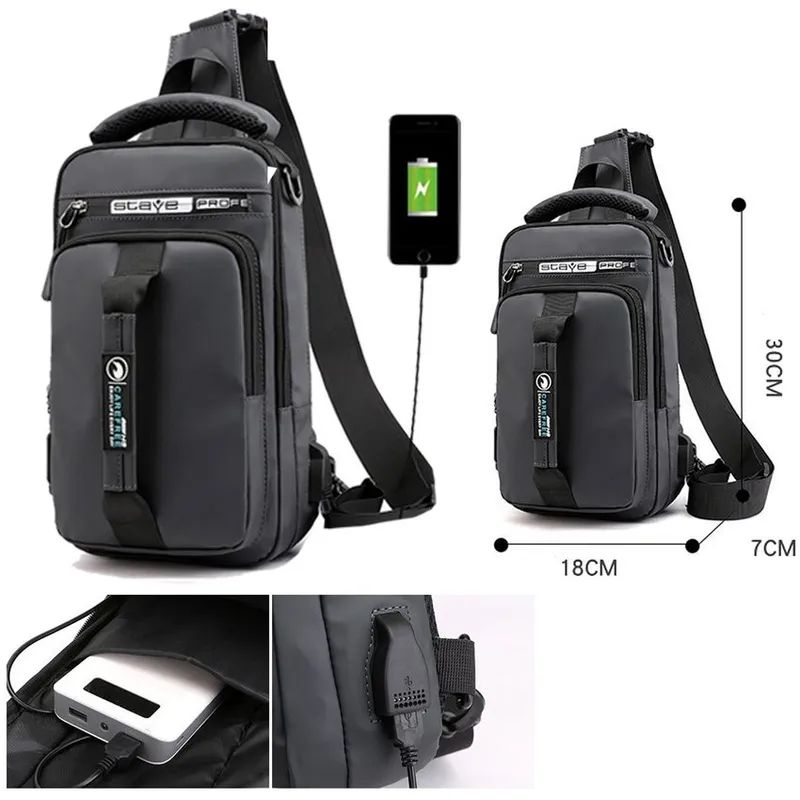 Esta es una riñonera/bolso de pecho modelo Stave Profe con puerto de carga USB. Es un bolso cruzado versátil y ligero, diseñado para ser impermeable, lo que ayuda a proteger tus pertenencias de la lluvia y salpicaduras
