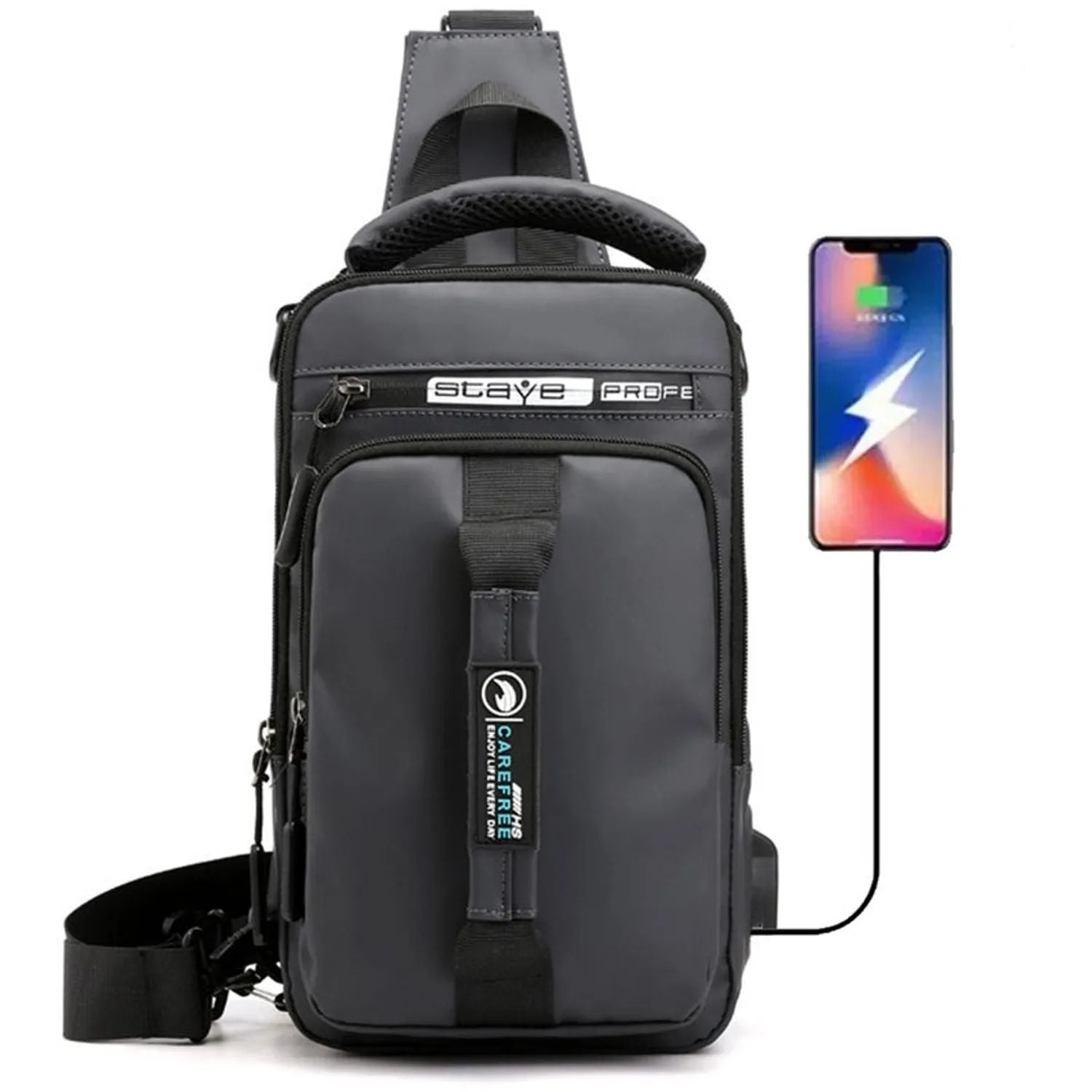Esta es una riñonera/bolso de pecho modelo Stave Profe con puerto de carga USB. Es un bolso cruzado versátil y ligero, diseñado para ser impermeable, lo que ayuda a proteger tus pertenencias de la lluvia y salpicaduras
