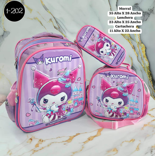 Morral para niña con personaje en 3D, viene con su cartuchera y lonchera para esos refijeron divertivos